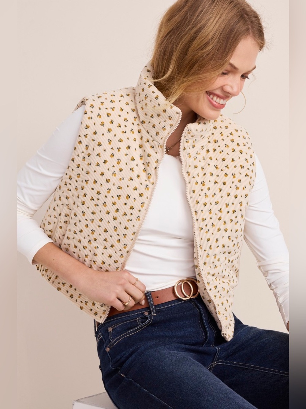 Altar'd State Cream Quilted Vest with Yellow Floral Accents